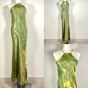 Vtg 90s Eminance Prom Dress XS Liquid Green Gold Maxi Halter Strap Goth Shimmer